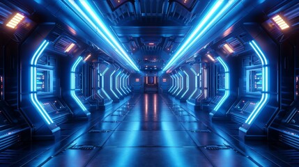 Poster - Blue neon glowing spaceship corridor hallway dark background for advertising, showroom, technology, future, modern, sport, game, metaverse. Sci Fi illustration.