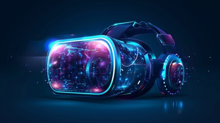 Poster - A Modern 3D representation of Virtual Reality glasses, Metaverse technology and game concept. Eps 10 Vector.
