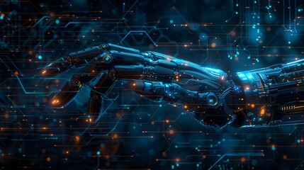 Fototapete - An AI-generated robot hand mockup on a technology background is shown in modern form.