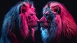   Two lions pose side by side against a black backdrop Red, blue, and pink lights illuminate the scene