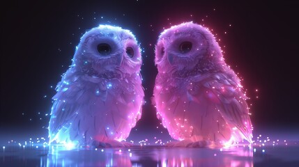   A pair of owls perched together by a tranquil body of water under a star-studded night sky