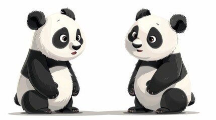   Two pandas seated adjacent to one another atop a mound of dirt