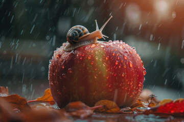 Macro of a snail with a brown shell crawling over a red apple in rain.