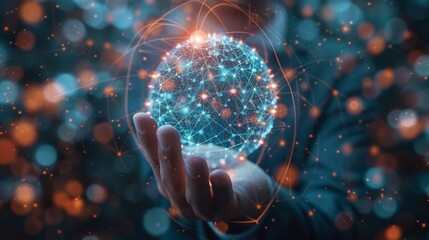 Aufkleber - A blurred background shows a businessman touching a flying network sphere in 3D