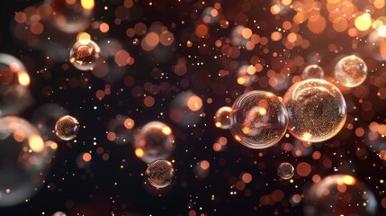 Fototapete - Poster design of chaotic low poly particles. Flying polygonal spheres in empty space. Artistic bokeh effect on futuristic background.