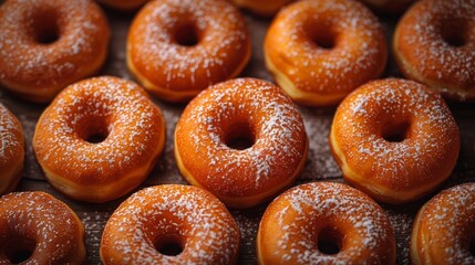 Sticker - Freshly baked donuts arranged neatly on a wooden surface, showcasing their golden color and sugary topping in a warm and inviting setting perfect for dessert lovers