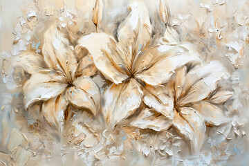 Wall Mural - Oil painting with white lily flowers on a beige background, palette knife strokes