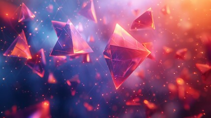 Aufkleber - The poster design includes a chaotic low polygonal shape, flying pyramids in empty space, and a futuristic background with bokeh effect.