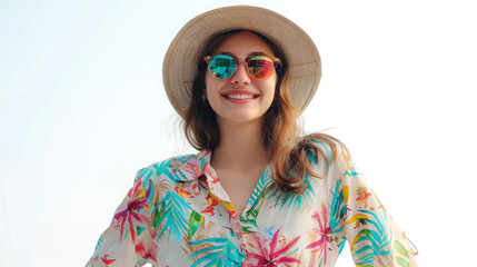 Wall Mural - happy young woman in hat, sunglasses and summer clothes on white background, vacation, travel, tourism, holidays, portrait, face, relax, girl, smile, joy, emotions, hawaiian