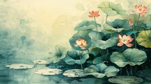 A Stunning Artwork Depicting Lily Pads Floating In A Tranquil Water Garden.