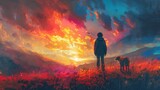 Fototapeta  - A wanderer and a canine observing the vibrant glow in the canyon, depicted in a digital artistic manner through an illustrated painting
