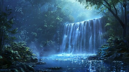 Wall Mural - The tranquil evening landscape captures a cerulean cascade flowing through a lush forest, beautifully depicted in this detailed painting.