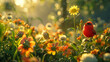 Una radiosa scena di prato estivo con un simpatico uccello in mezzo a fiori sbocciati, felice nella luce dorata del sole