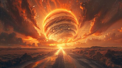 Sticker - A road leading to a planet with an orange sun in the background, AI