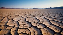 Dry Cracked Desert Ground Amidst Desolate Desert Background, Portraying The Devastating Effects Of Ecology Problems And The Depletion Of Natural Resources