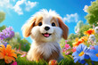 An exuberant cartoon puppy with fluffy ears smiles in delight surrounded by a kaleidoscope of colorful spring blooms under a sunny sky.