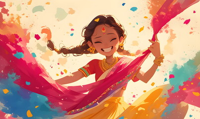 Indian happy girl with dry colored Holi powder exploding around her. Watercolor illustration for celebrating the festival of colors.