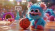 Cute basketball monster dribbling on a colorful court friendly and energetic