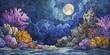 Capturing the ethereal beauty of coral spawning under moonlight in a mesmerizing watercolor painting style.