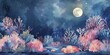 Coral spawning under moonlight, renewal and underwater marvel concept, watercolor painting style.