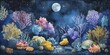 In the tranquil night, coral spawning unveils a breathtaking underwater marvel in watercolor painting style.