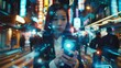 © Patcharaphorn - A sleek Chinese executive confidently navigates her smart device amidst the bustling streets, adorned with futuristic overlays.