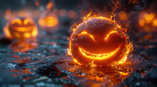 Halloween Pumpkins Ablaze, Their Carved Faces Glowing With Fiery Grins Against The Night.