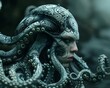 Surreal Kraken-Human Hybrid Portrait with Intricate Tentacles and Facial Features in a Mysterious Underwater Atmosphere