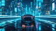 Artificial intelligence. AI car navigates smart city streets, symbolizing AI's integration for improved safety