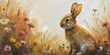 Rabbit in meadow of wildflowers, innocence and growth concept, watercolor painting style.