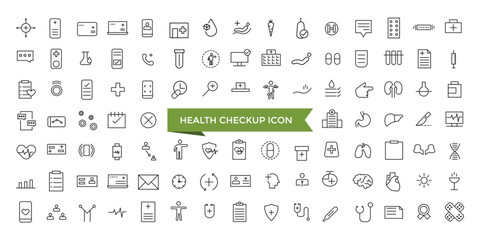 Health checkup icon collection. Hospital and medical care. Medical care service symbol set.