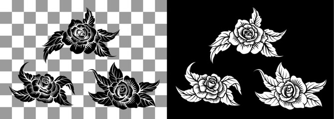 Wall Mural - A set of roses or rose engraved woodcut etching tattoo designs