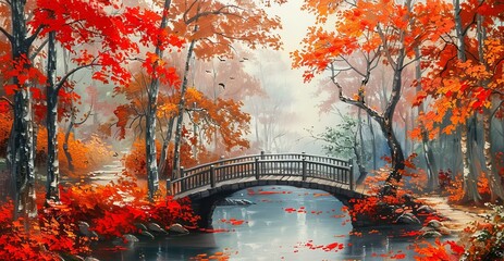 Poster - Bright red leaves in an autumn forest, with a river and bridge over it