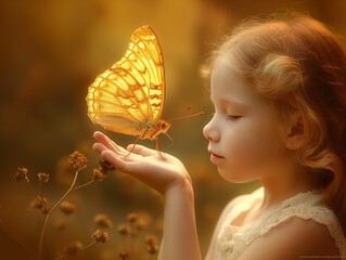 Wall Mural - A young girl is holding a butterfly in her hand. The butterfly is yellow and has a pattern on its wings