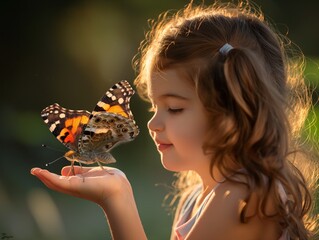 Poster - A young girl is holding a butterfly in her hand. The butterfly is orange and black. The girl is smiling and seems to be enjoying the moment. Concept of wonder and joy at the beauty of nature