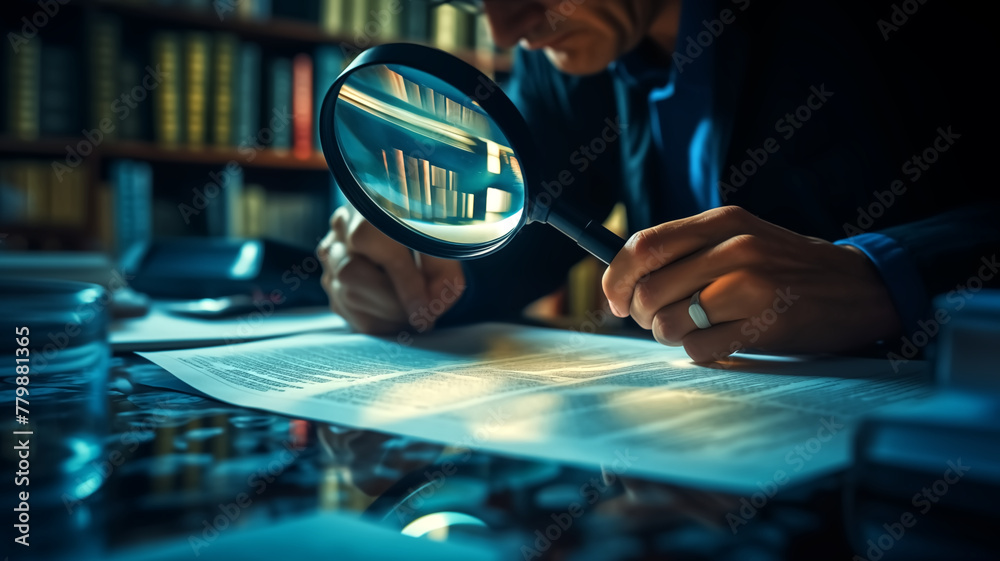 Person examining documents with magnifying glass in library. Research ...