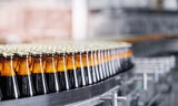 Fototapeta Mapy - Automated modern beer bottling factory line with glasses bottles on conveyor. Banner Brewery industry food manufacturing, sunlight