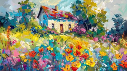 Poster - Impressionist landscape with a house in a flower garden, oil painting