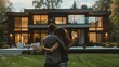 a man and woman hugging in front of a house