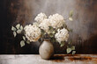 Dark vintage oil painting, white hydrangea flower in a vase on the table, still life.
