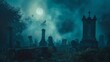 Graveyard under the veil of night, where tombstones stand sentinel amidst swirling fog