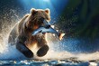 A bear is running through water with a fish in its mouth