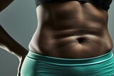 Fototapeta Na drzwi - Close-up of the abdomen of a black woman with a slight love handle, wearing low-waisted turquoise sportswear, sweating after training, with a gray background
