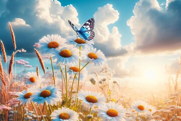 Wall Mural - A butterfly is flying over field of daisies