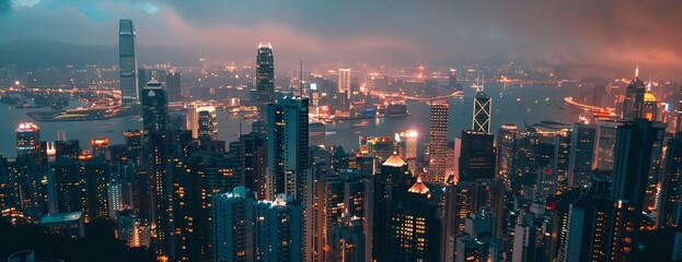 Wall Mural - a cityscape with a lot of tall buildings at night time with lights on them