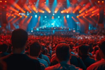 Wall Mural - Captivating shot of a vibrant crowd engaged at a live music concert with illuminated stage and dynamic lighting.