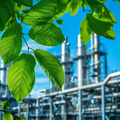 Happy green leaves in front of modern gas and petrochemical plant with blue sky, banner background for eco friendly industry concept.