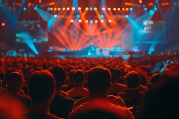 Wall Mural - A view from the audience at a live concert, showcasing a crowd immersed in the performance with dynamic, colorful stage lighting.