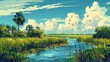 Beautiful scenic view of Everglades National Park, Florida in the United states of America. Colorful comic style painting illustration.