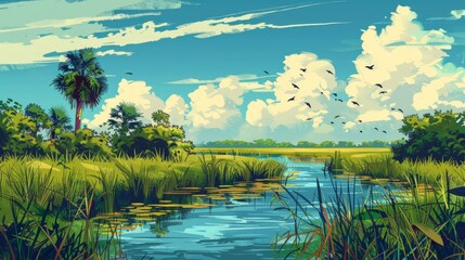 Beautiful scenic view of Everglades National Park, Florida in the United states of America. Colorful comic style painting illustration.